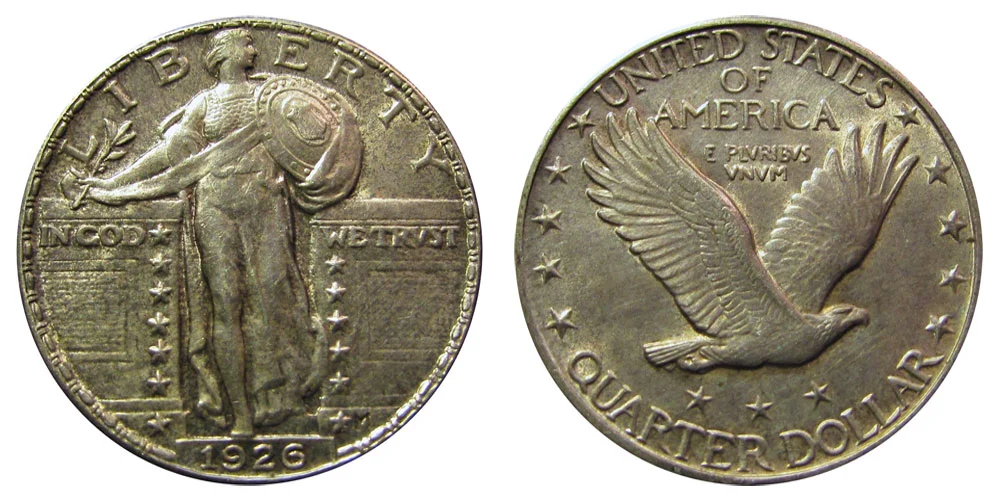 1926 Standing Liberty quarter obverse and reverse showing recessed date design