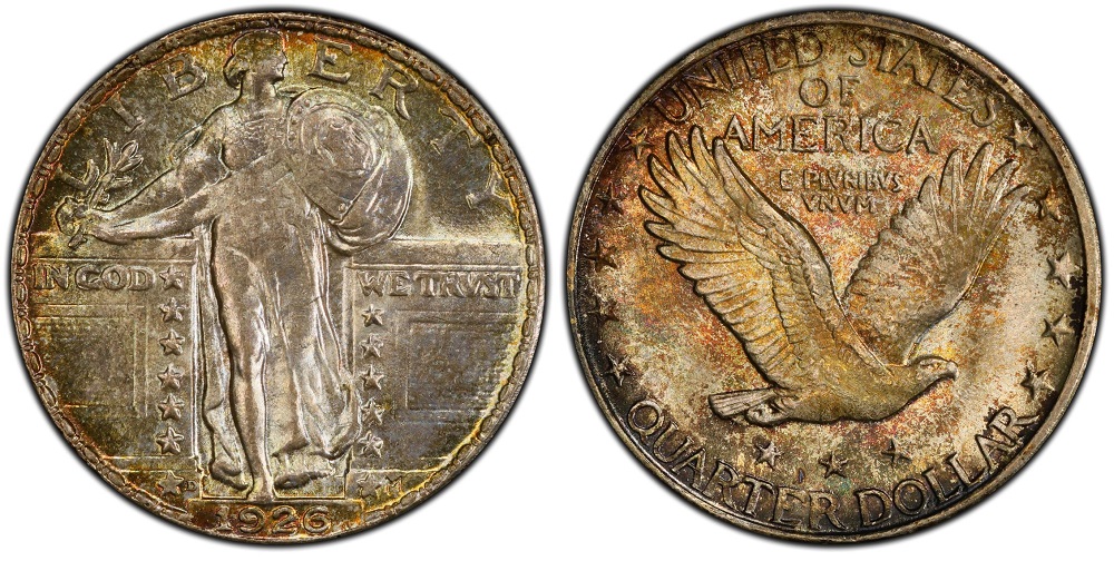 Close-up macro of 1926 quarter Full Head designation showing three leaves and complete hairline on Liberty's helmet