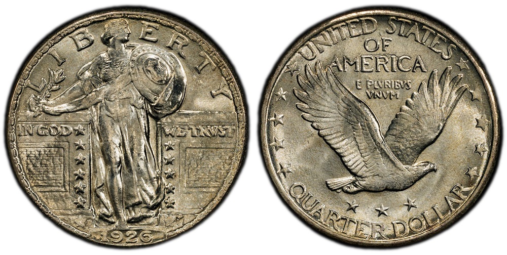 Group photograph of 1926 Standing Liberty quarters from Philadelphia, Denver, and San Francisco mints