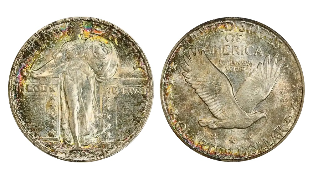 1926 Standing Liberty quarter grading strip showing four condition tiers from Good through Mint State